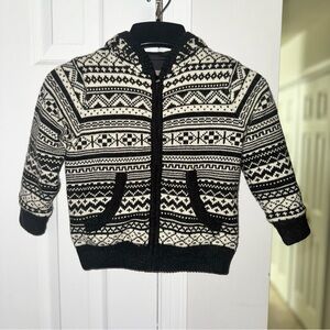 Old Navy Boy’s 4T Sweater Hoodie Black White Fair Isle Knit Full Zip Lined NWOT
